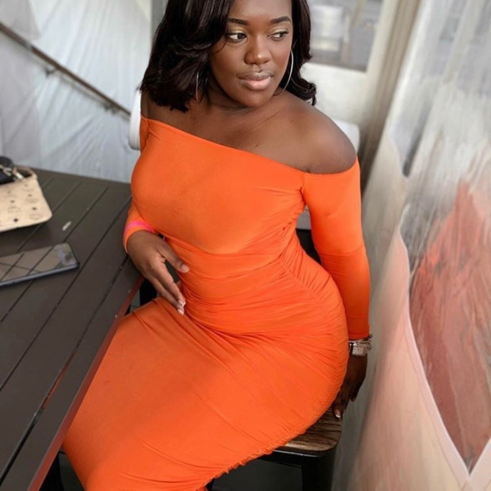 Orange off the shoulder midi dress